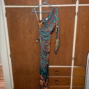 Camilla One-Shoulder Dress in Teal and Orange